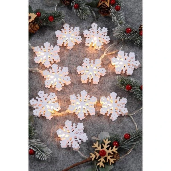 Гирлянда 2м 10LED эл. насадка Серебряные снежинки шампань пост.свеч ПВХпрозр 2хАА СНОУ БУМ