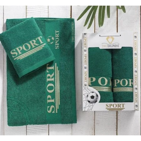 яяяНабор полотенец 2пр 50*90/70*140 махровые TWO DOLPHINS SPORT тёмно-зелёный (ТУРЦИЯ)