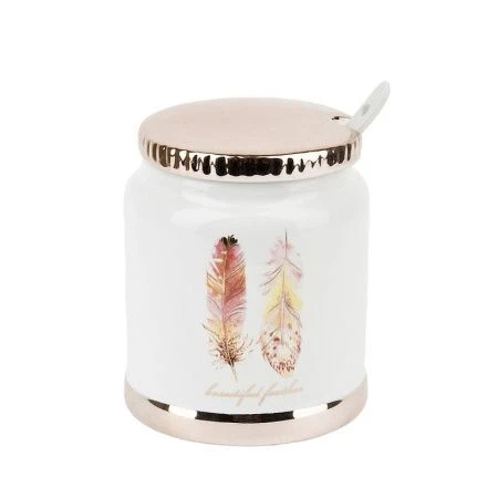 Сахарница 250мл 8*9,5см керамика ПЕРЬЯ с ложкой подар.уп (24) ВЫВОД