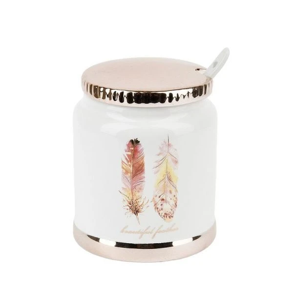 Сахарница 250мл 8*9,5см керамика ПЕРЬЯ с ложкой подар.уп (24) ВЫВОД