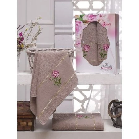 яяяНабор полотенец 2пр 50*85/70*130 махровые METEOR Roses бежевый подар.уп.