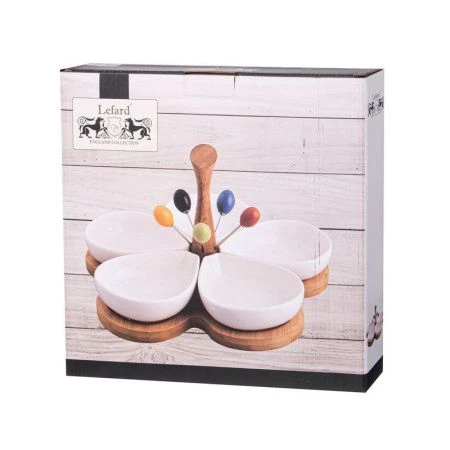 Менажница 5 секций 200мл фарфор Native на дер. подставке с дер. ручкой, 5 вилочек (8)