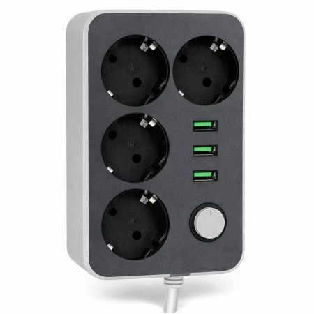 Колодка компактная на 4 розетки пластик 1.5м 10А, 3 USB TYPE-A СТАРТ черный/серый (20)