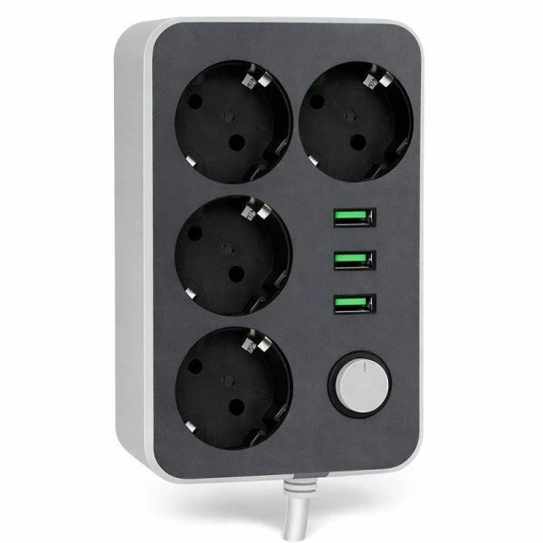 Колодка компактная на 4 розетки пластик 1.5м 10А, 3 USB TYPE-A СТАРТ черный/серый (20)