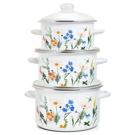 Набор кастрюль 3пр 2/3/4л эмаль ЛУГОВЫЕ ЦВЕТЫ цилиндрический (1)