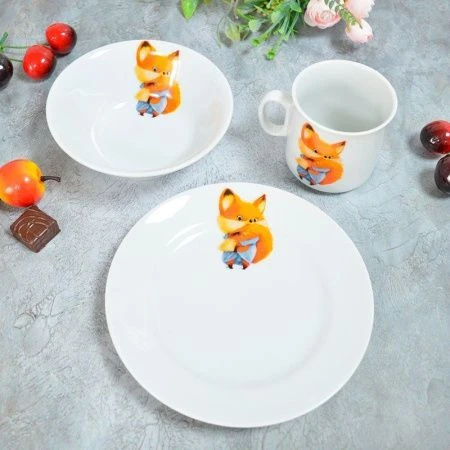 Набор детской посуды 3пр (тарелка губокая 200мл, мелкая тарелка 175мм, кружка 200мл) фарфор КРОХА Лисичка Идиллия (10)
