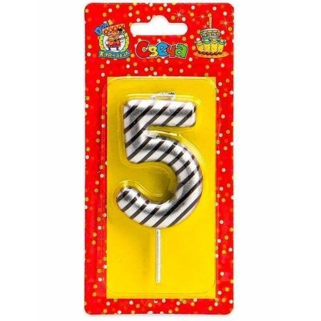 Свеча для торта в полоску серебряная Цифра 5 С-2524(12)