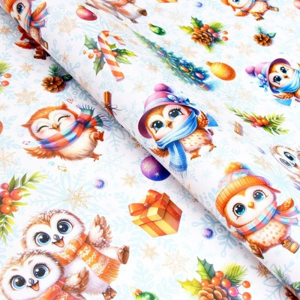 Бумага упаковочная новогодняя глянцевая 70*100см Совушки двусторонняя (10) Бумага упаковочная новогодняя глянцевая 70*100см Совушки двусторонняя (10)