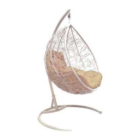 Кресло подвесное Капля 108*108*186см металл с ротангом белое бежевая подушка (max нагр. 120кг)