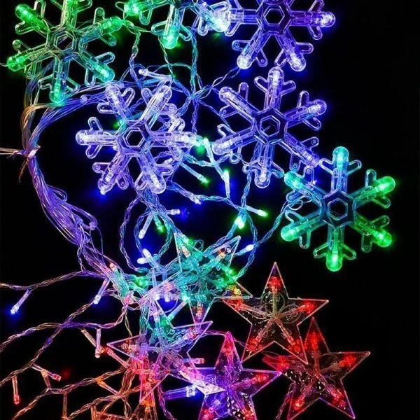 Новогоднее украшение Гирлянда 3,5м штора со снеж и звездами, прозрачная нить, 12звезд+126 цв