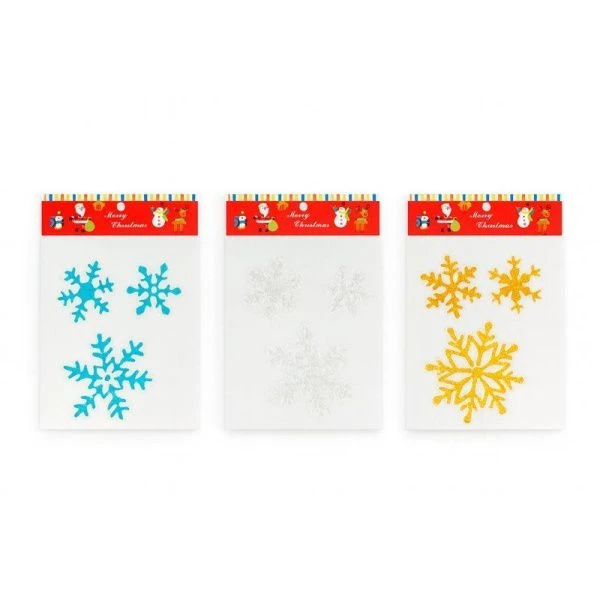 Наклейка новогодняя на окно СНЕЖИНКИ набор 3шт 13,5/8,5/7,5см силикон микс JC-16570 (600)