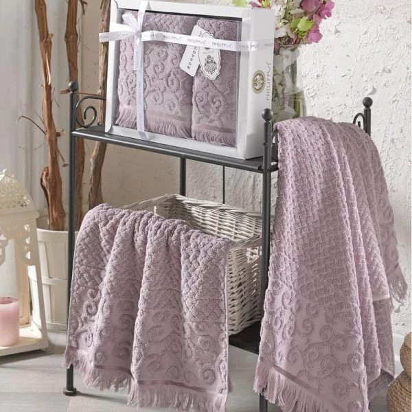 Набор полотенец махровые 2пр 50*90/70*140см жаккард с бахром. PHILIPPVS WENDY баклаж. 500гр подар.уп