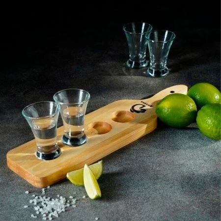 Доска для подачи 4 шотов дерево 35*9*1,8см d ячеек 3,9см с ручкой