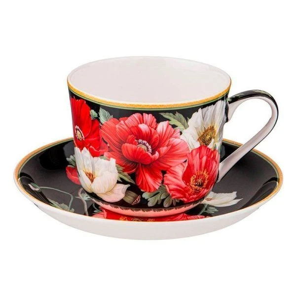 Чайный набор 2пр фарфор МАКИ на 1 персону 500мл черный (18)