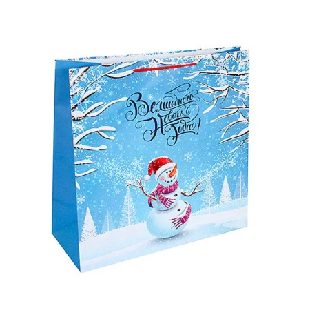 Пакет новогодний бумажный 38*38*16см Снеговик (12/144)