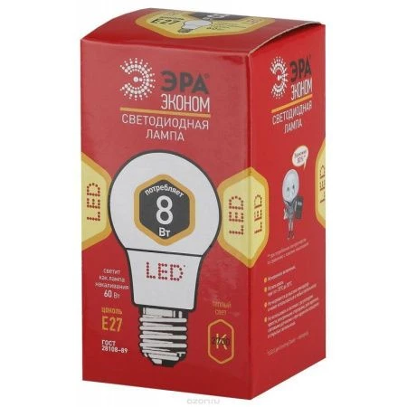 Лампа светодиодная стекло ЭРА LED smd A60-8w-827-E27 ECO (теплый свет) 68056 ВЫВОД