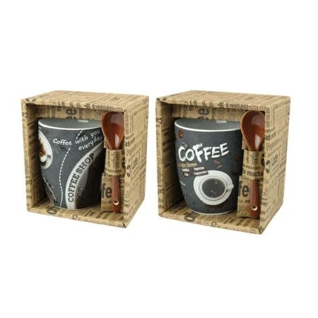 Кружка 340мл фарфор с ложкой бочка КОФЕ арт MIX R03H/1678J (36)