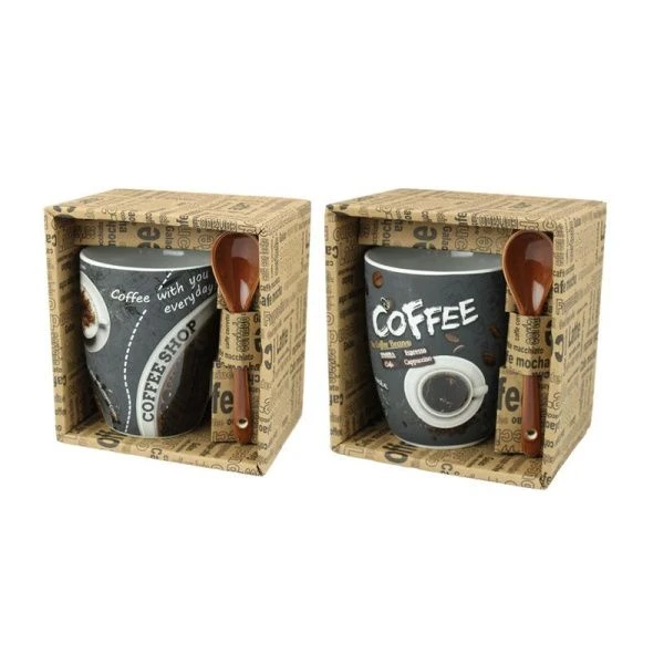 Кружка 340мл фарфор с ложкой бочка КОФЕ арт MIX R03H/1678J (36)