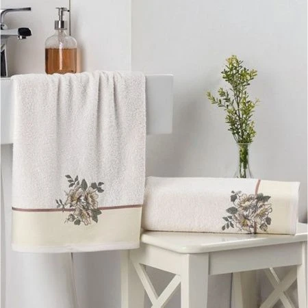 яяяНабор полотенец 2пр 50*90/70*140 махровые с вышивкой Karna FLORYA (Кремовый)