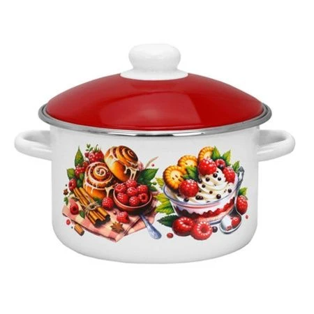 Кастрюля 4л эмаль МАЛИНОВОЕ ВАРЕНЬЕ белая с рис. 01-Б1614/6 (4)