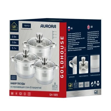 Набор кастрюль 3пр 2,9/3,9/5,1л нерж.сталь стекл.крышки 8/20/22см GH-1809 (2)
