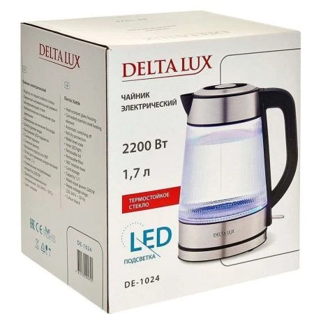 Чайник электрический 1,7л стекло 2200Вт DELTA LUX DE-1024 черный (6)