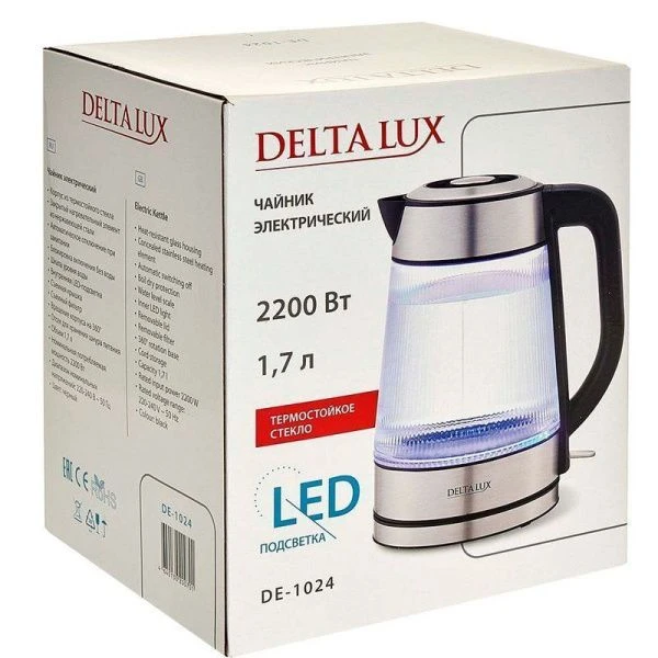 Чайник электрический 1,7л стекло 2200Вт DELTA LUX DE-1024 черный (6)