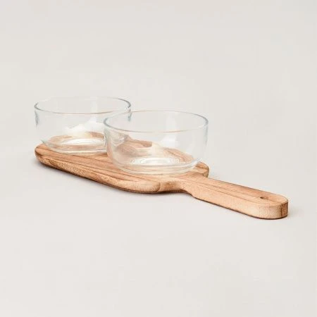 Менажница 2 секции 350мл стекло на деревянной подставке (12)