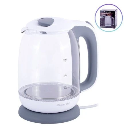 Чайник электрический 1,7л стекло белый с серым с подсветкой, арт.1720G (6)
