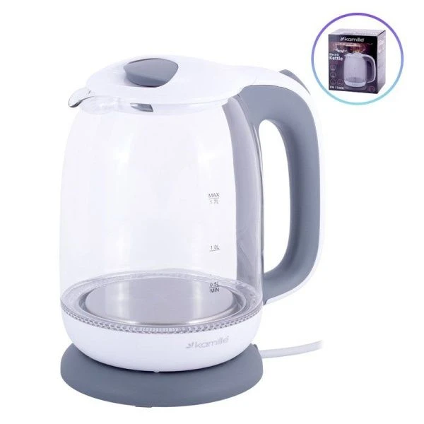 Чайник электрический 1,7л стекло белый с серым с подсветкой, арт.1720G (6)