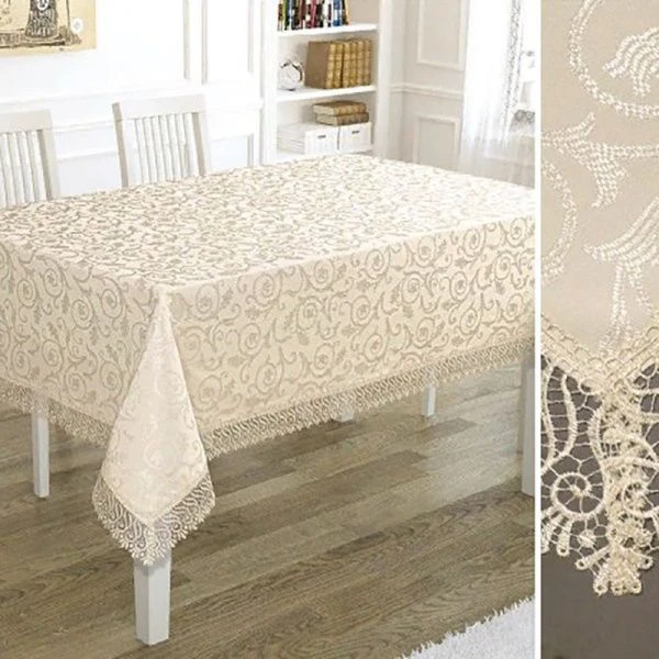 Скатерть 160*360см полиэстер прямоугольная с гипюром Karna KDK (Бежевый)