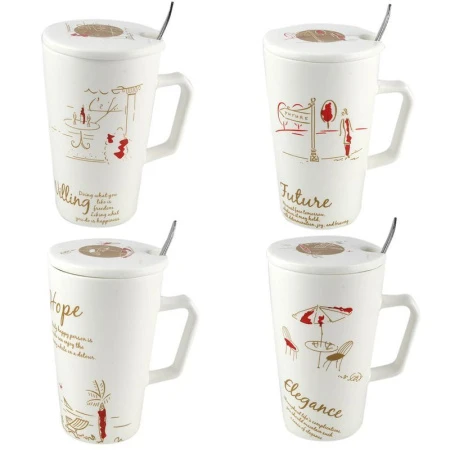 Кружка керамика (4 вида) с крышкой и мет. ложкой подар.уп sj1010-1 (60) JC-6996