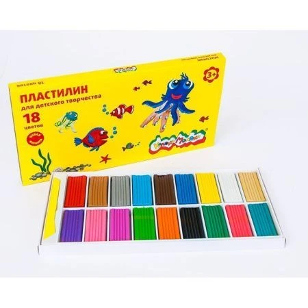 яяяПластилин для детского творчества 18 цветов 270г со стеком, пластик.подложкой Каляка-Маляка 3+
