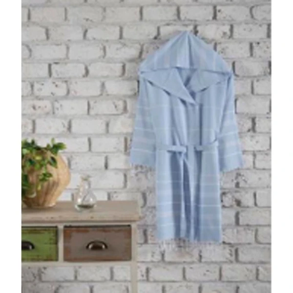Халат пештемаль 100% хлопок с капюшоном SULTAN XL голубой