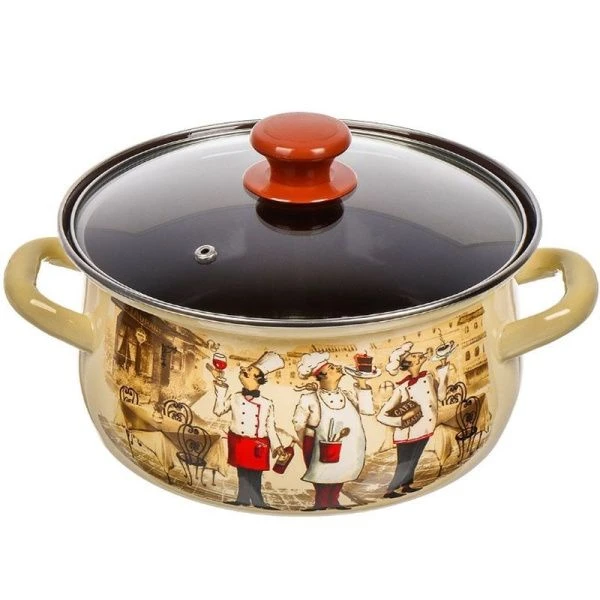 Кастрюля 3л эмаль СОМЕЛЬЕ со стекл.крышкой слон.кость с рис. сферическая 61904-122/4.02-У (4)