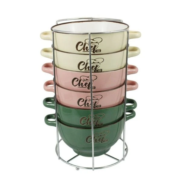 Бульонницы набор 6шт 650мл керамика ШЕФ на мет.подставке (4)