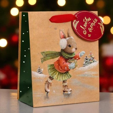 Пакет новогодний крафт 22*18*10см вертикальный Зайка на льду