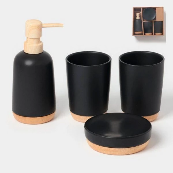 Набор для ванной "Эко" 4 предмета (мыльница. дозатор для мыла, 2 стакана), цвет черный   6851677