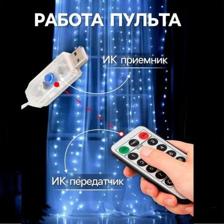 Гирлянда светодиодная Занавес Роса 2,8*3м USB, крючки, пульт, холодный белый свет