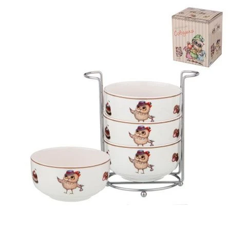 Салатники набор 4пр 11см фарфор СОВУШКИ на мат.подставке (12)