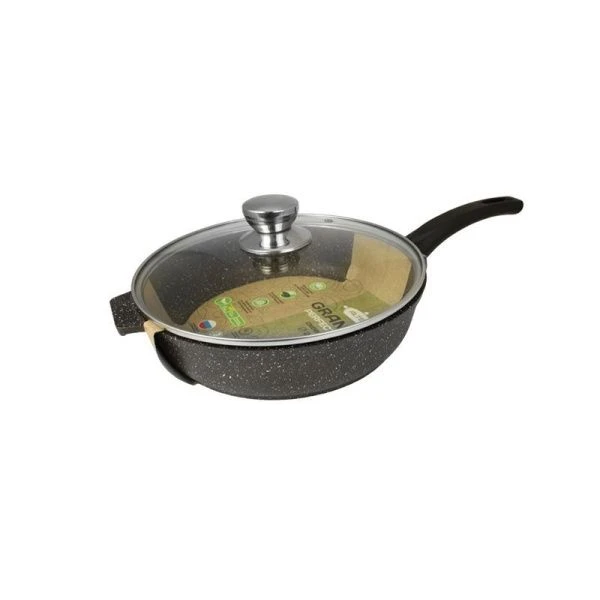 Сковорода 28см алюминий АП Granit Perfection chocolate с несъемной ручкой стекл.крышкой (6)