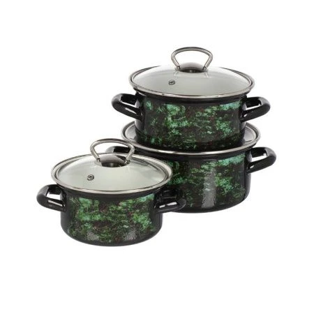 Набор кастрюль 3пр 1/1,5/2,3л эмаль МАЛАХИТ-1-ЭКСТРА Стиль черный стекл.крышки цилиндрический об.