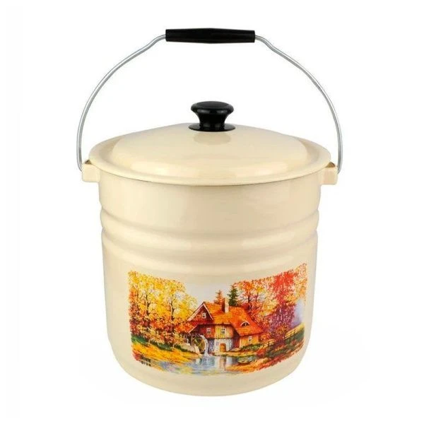 Ведро 10л эмаль СТАРАЯ МЕЛЬНИЦА слон.кость с крышкой с рис. 41204-222/6-У (2)