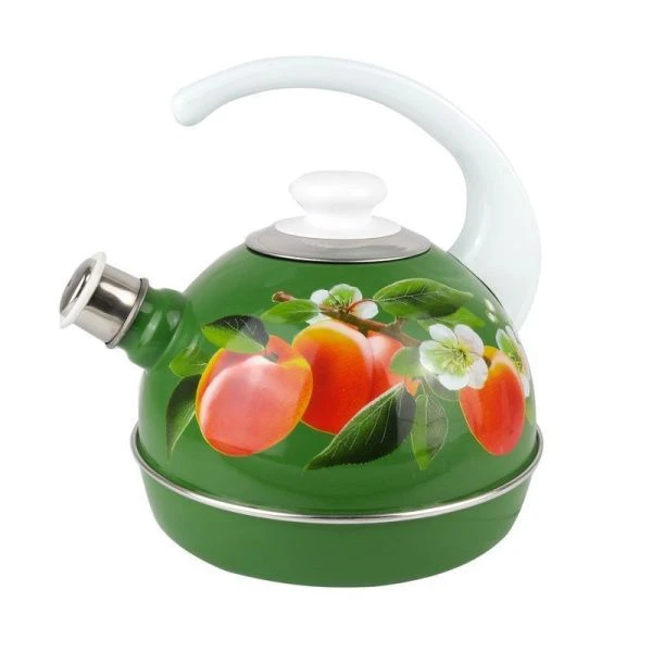 Чайник со свистком 3,5л эмаль АБРИКОС зеленый конс.ручка белая декор нерж (4)