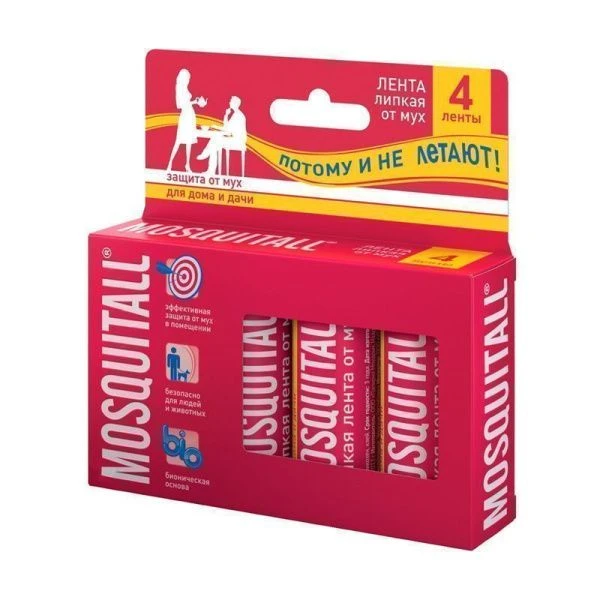 Лента липкая от мух 4шт. в упаковке MOSQUITALL (48)  07-082