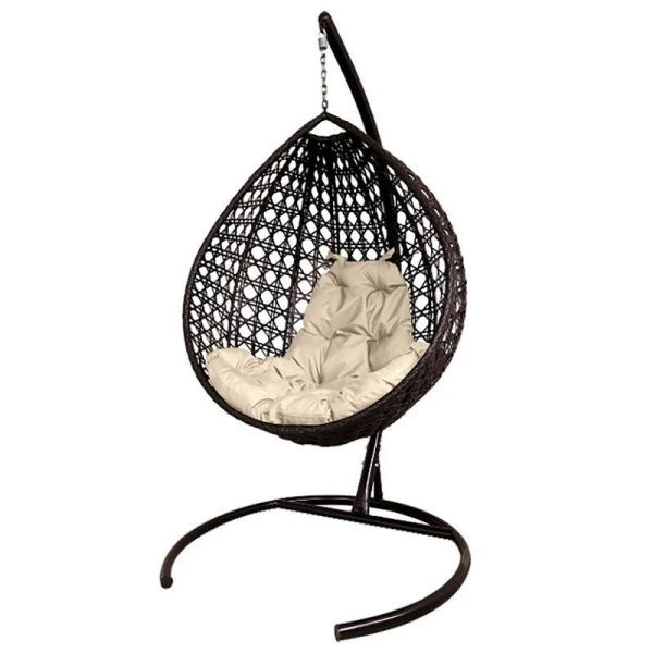 Кресло подвесное Капля ЛЮКС с ротангом металл корич.,бежевая подушка 108*108*186см (max нагр. 120кг)