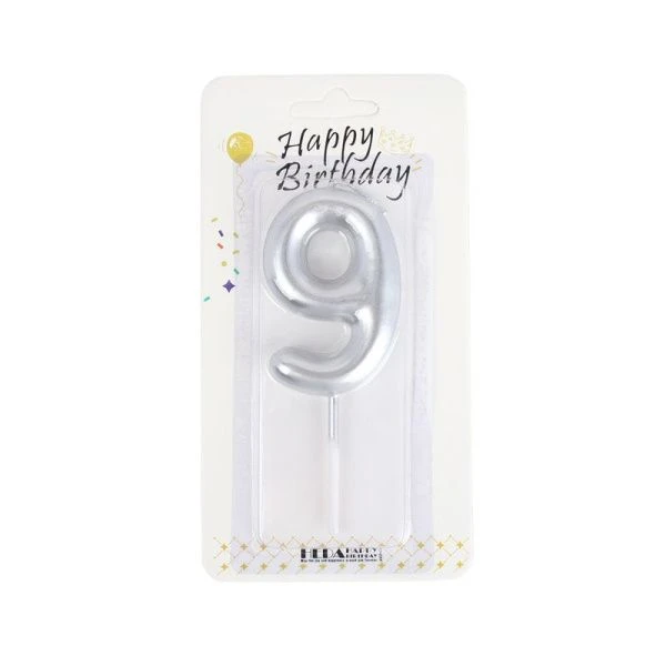 Свеча в торт парафин Цифра серебряная 9 KL-8 (12/600)