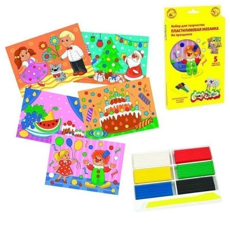 яяяНабор для творчества Пластилиновая мозаика 6 цветов 5 картинок НА ПРАЗДНИКЕ Каляка-Маляка 3+