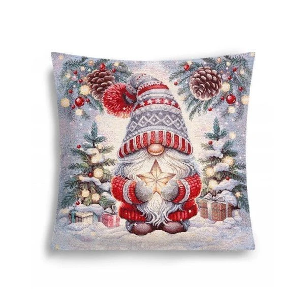 Наволочка декоративная новогодняя 45*45см гобелен ГНОМ со звездой серебряный люрекс
