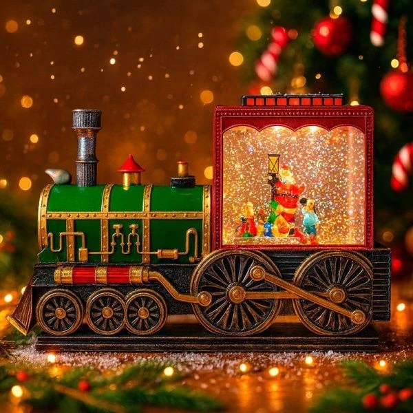 Фонарь новогодний музык. со снегом,водой и хороводом Паровоз 19*28*10см usb, от бат(в компл) (8)